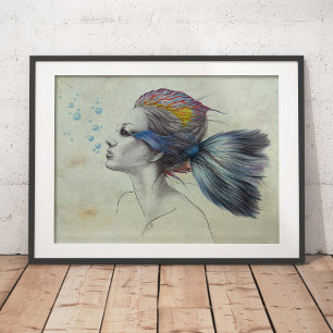 Fische Meerjungfrau Portrait Surreal zeichnend Kun Poster