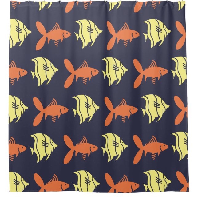 Fische mit grafisch orangefarbenem Gelb Duschvorhang (Vorderseite)