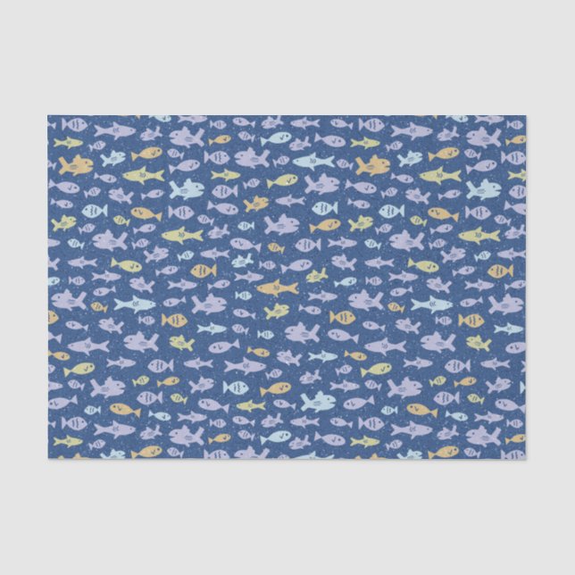 Fische Schwimmen Niedliches Übelmuster in Navy Blu Seidenpapier (Vorderseite)