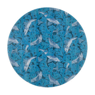 Fische Schwimmen Seetang Koralle Blau Vintag Class Schneidebrett