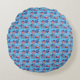 Fische und Aal. Blauer Hintergrund. Rundes Kissen