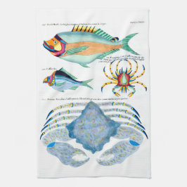 Fische und Krabben auf altem Papier Geschirrtuch