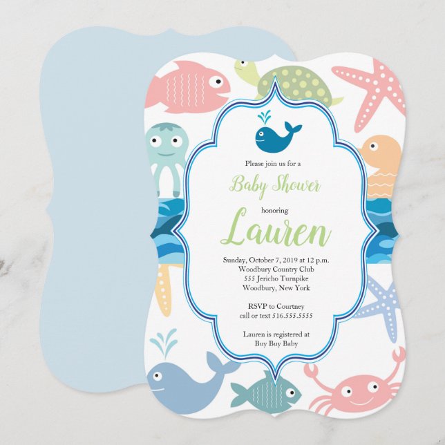 Fische und Meereslebewesen Baby Dusche Einladung. Einladung (Vorne/Hinten)