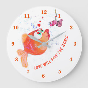 Fische und Wurm - Liebe Rette die Welt Große Wanduhr