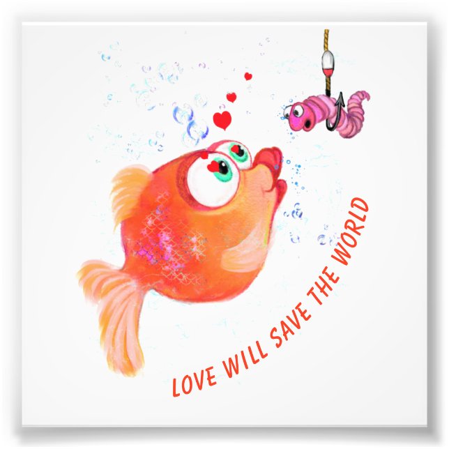 Fische und Wurm Liebe Romantischer Cartoon Zeichne Fotodruck (Vorne)