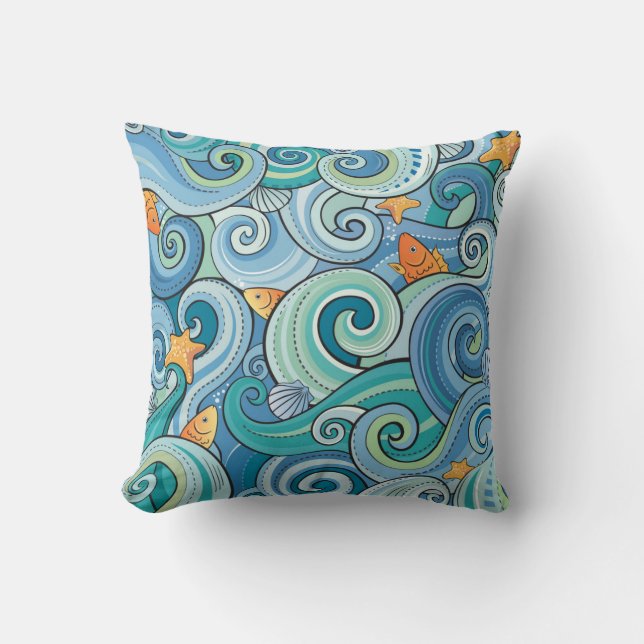 Fische unter dem Wellen-Muster Kissen (Vorderseite)