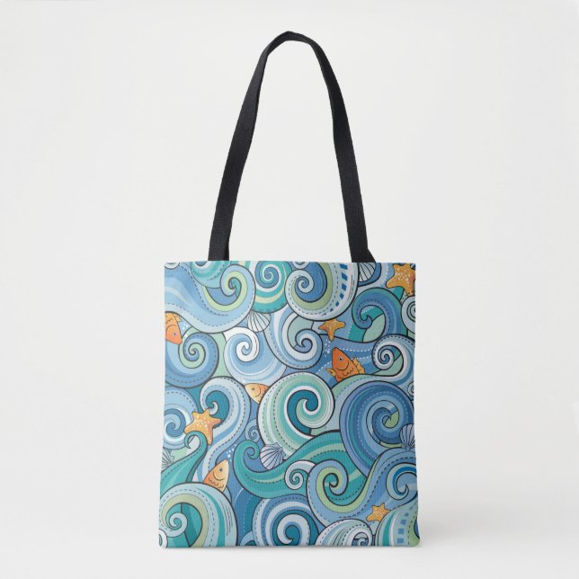 Fische unter dem Wellen-Muster Tasche (Vorderseite)