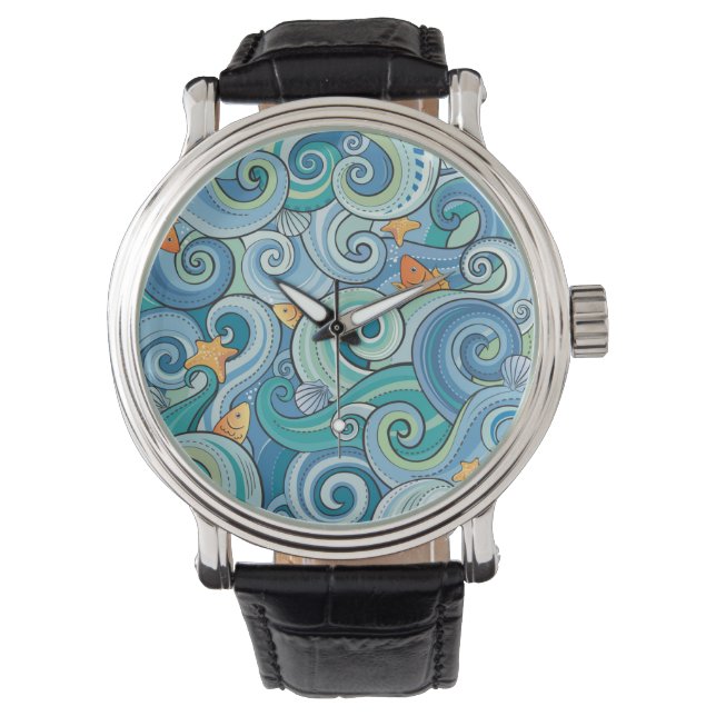 Fische unter dem Wellenmuster Armbanduhr (Vorderseite)