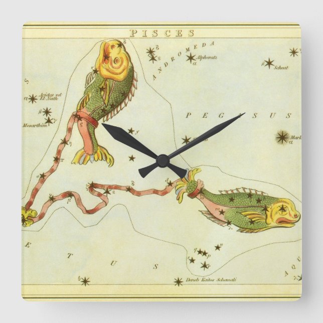 Fische, Vintager Sternbild Urania-Spiegel Quadratische Wanduhr (Vorderseite)