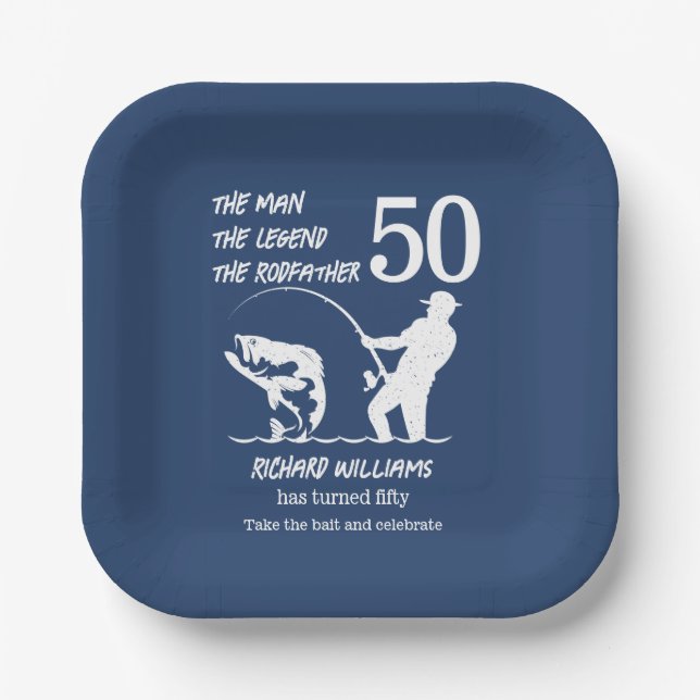 Fischen des legendären Rodvaters 50. Geburtstag Pappteller (Vorderseite)