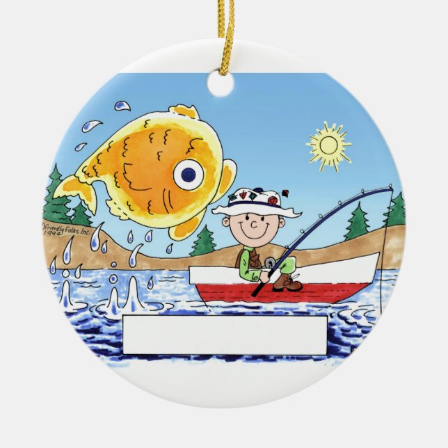 Fischen, Fischer - personalisierter Cartoon Keramikornament (Vorne)