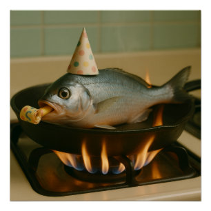 Fischen in einem Skillet mit einem Party, auf dem Poster