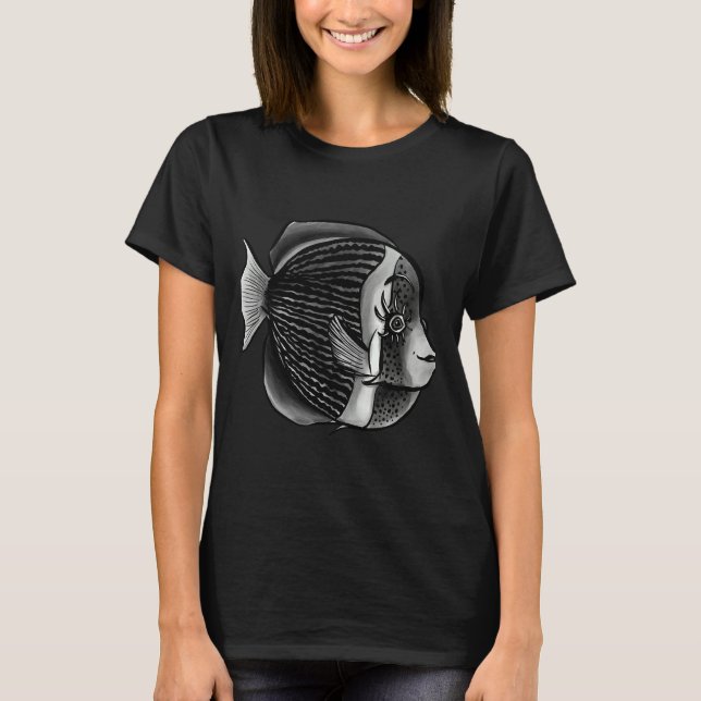 Fischen mit Augenbrauen Schwarz-Weiß-Digitalfarben T-Shirt (Vorderseite)