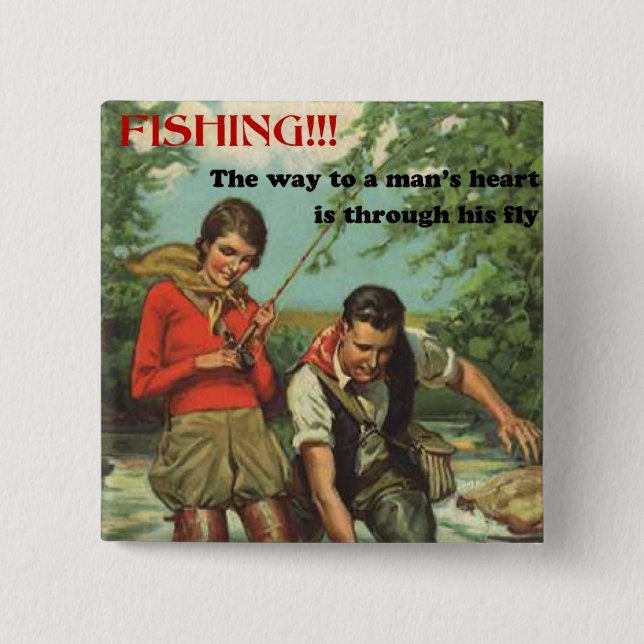 Fischen - Retro-Bild mit lustigem Sprichwort Button (Vorderseite)