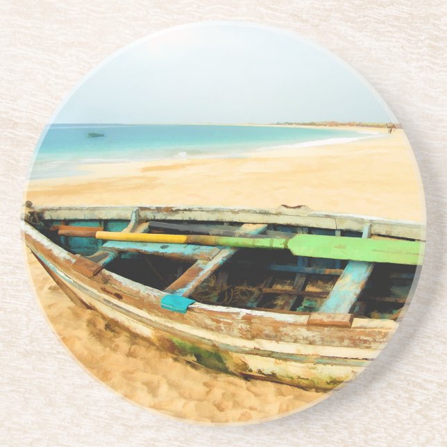 Fischen-Ruderboot auf dem Strand Untersetzer (Vorne)