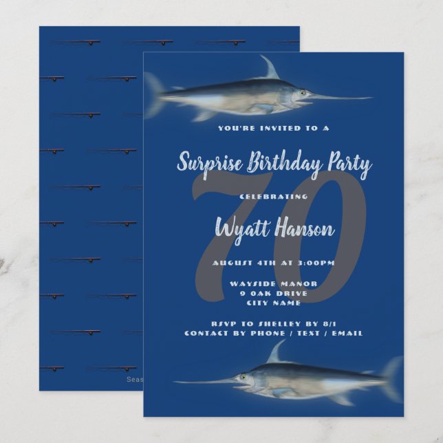 Fischen Themenalter große Zahl Geburtstag Blau Einladung (Vorne/Hinten)