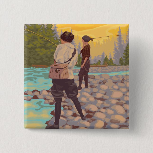 Fischen von FrauenIdahoVintageReiseplakat Button (Vorderseite)