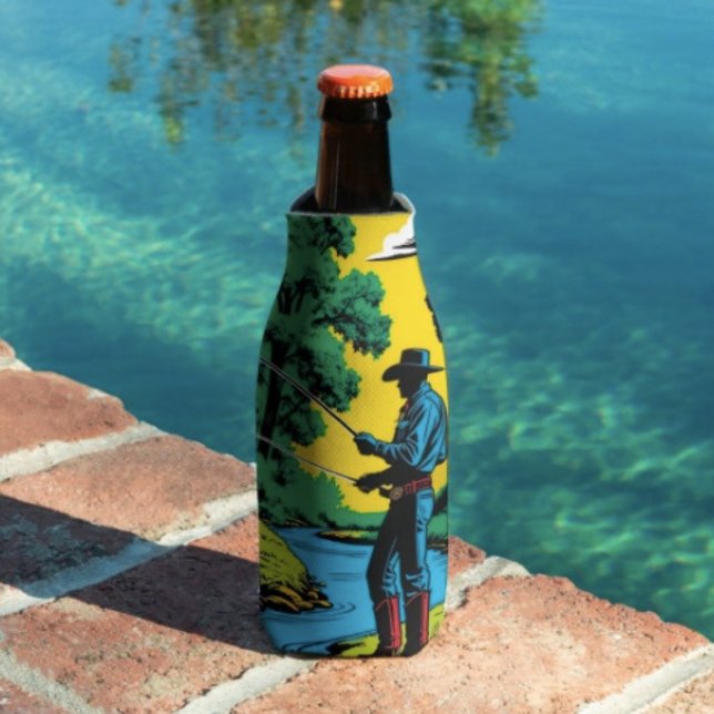 Fischer an der Riverbank Flaschenkühler (Retro Cowboy Fishing Riverside Scene bottle cooler insulated bottle cooler high-density material. )