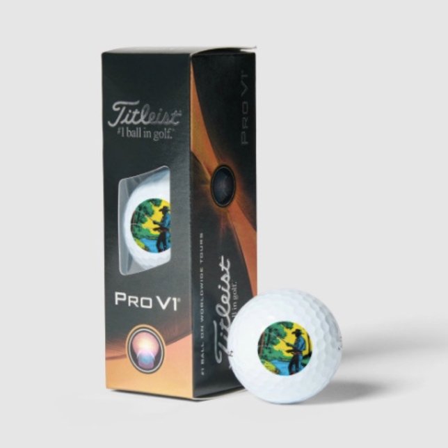 Fischer an der Riverbank Golfball (Retro Cowboy Fishing Riverside Scene Golf Balls – Golfer Gift Set Mens Sports Novelty Gear)