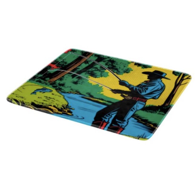 Fischer an der Riverbank Schneidebrett (Retro Cowboy Fishing Riverside Scene glass cutting board tempered glass five different sizes.)
