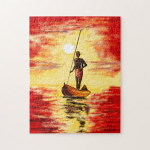 Fischer auf dem Boot bei Sonnenuntergang, Puzzle-M