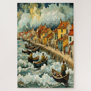 Fischer auf Schiffen im Stormy Sea Van Gogh-Stil