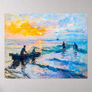 Fischer bei Sunset Impressionist Coastace Poster