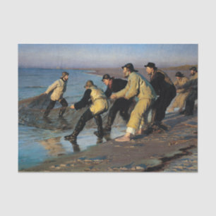 Fischer, die ein Netz an der Nordküste Skagens abw Seidenpapier