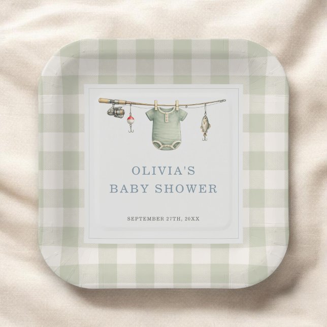 Fischer-Fischerei-Gingham-Baby-Shower-Party Pappteller (Von Creator hochgeladen)