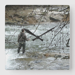 Fischer-Fliegen-Fischen-Fluss-Stahlkopfforelle Quadratische Wanduhr