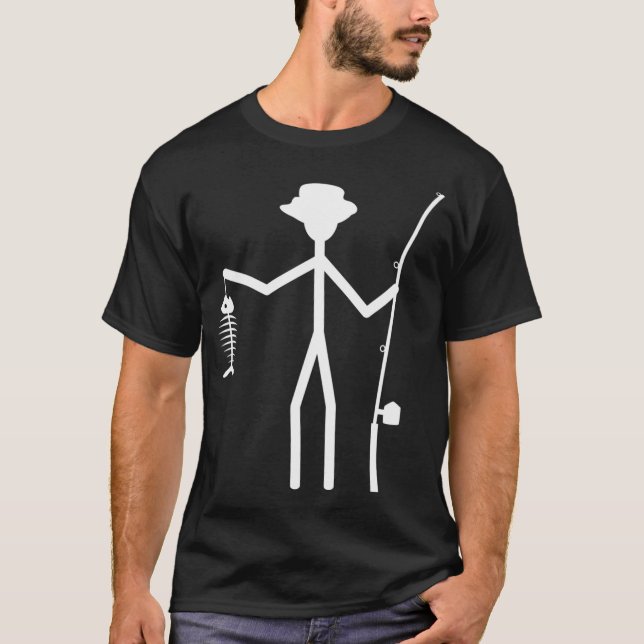 Fischer-Strichmännchen hält Fischknochen Ich liebe T-Shirt (Vorderseite)