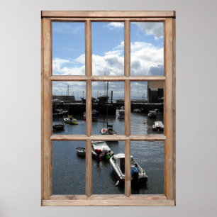Fischerboot-Ansicht von einem Fenster Poster
