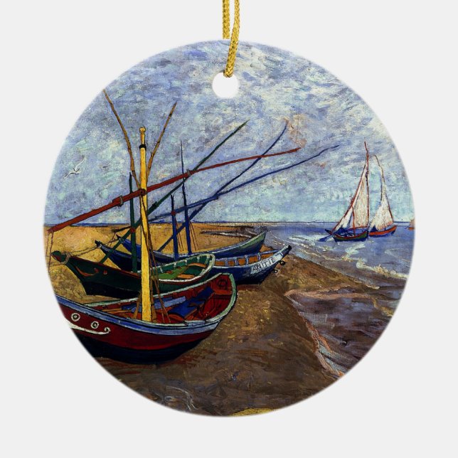 Fischerboote am Strand Keramik Ornament (Vorne)