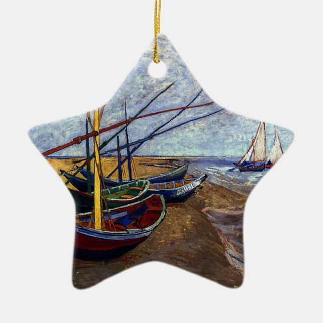 Fischerboote am Strand Keramik Ornament (Vorne)