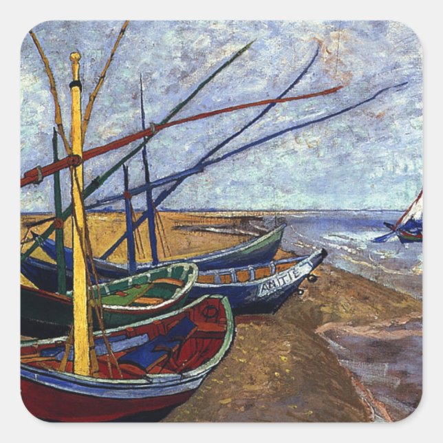 Fischerboote am Strand Quadratischer Aufkleber (Vorderseite)