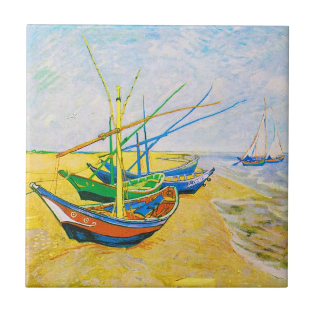 Fischerboote am Strand von Saintes-Maries Fliese (Vorderseite)