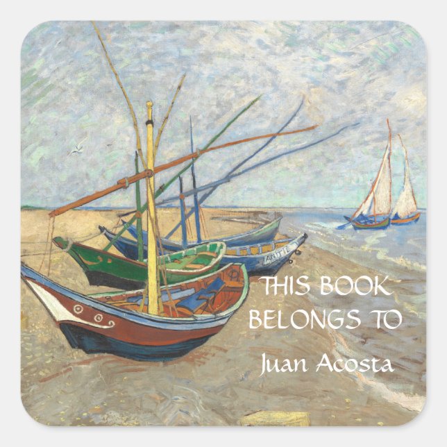 Fischerboote am Strand von Vincent Van Gogh Quadratischer Aufkleber (Vorderseite)
