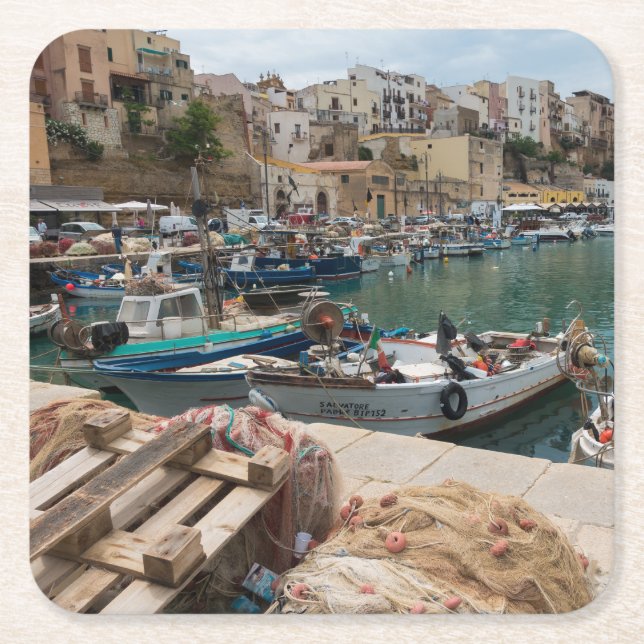 Fischerboote im Hafen Castellammare Del Golfo Rechteckiger Pappuntersetzer (Vorderseite)