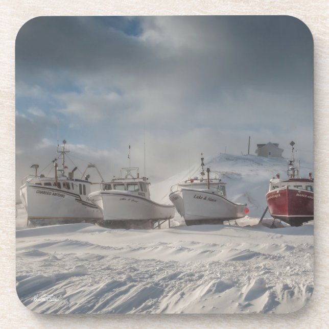 Fischerboote im Schnee Getränkeuntersetzer (Vorderseite)