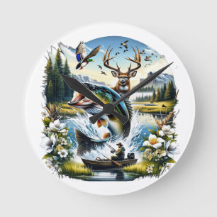 Fischerei, Hirsch, Entenjagd Runde Wanduhr