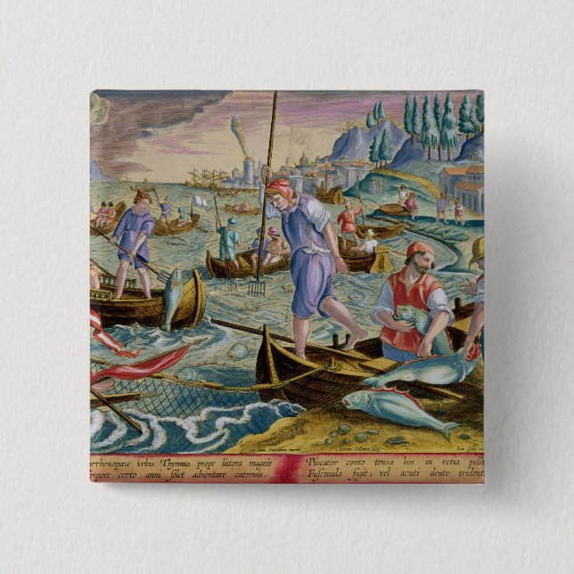 Fischerei mit Netzen und Dreizacken in der Bucht Button (Vorderseite)