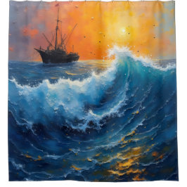 Fischereifahrzeug bei Sonnenaufgang im Meer Duschvorhang