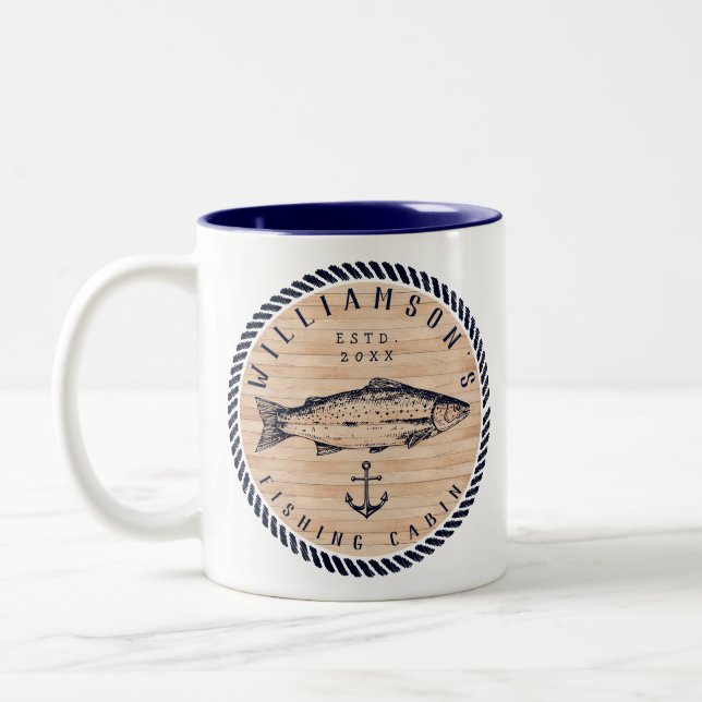 Fischereikabine Familienname Holz Navy Blau Rustik Zweifarbige Tasse (Links)