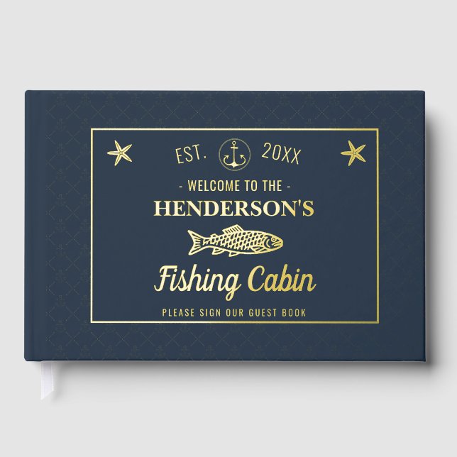 Fischereikabinen Anker Fische Custom Welcome Gold Gästebuch (Vorderseite)