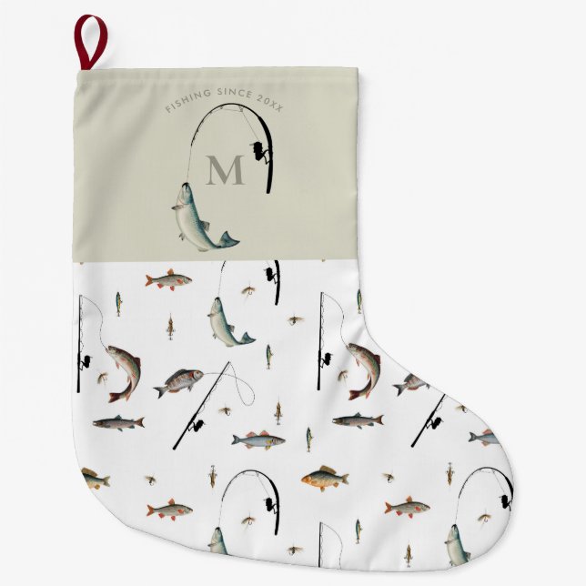 Fischereirod und Angelfisch Theme Fisherman Monogr Großer Weihnachtsstrumpf (Vorderseite)