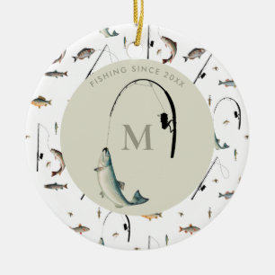 Fischereirod und Angelfisch Theme Fisherman Monogr Keramik Ornament