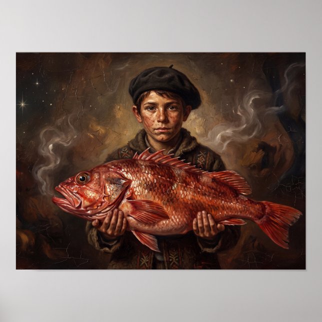 Fischerjunge mit rotem Fisch Gemälde Poster (Vorne)