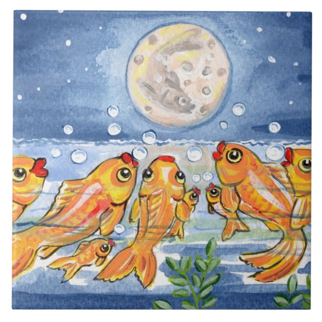 Fischfamilie & Moon Blue 6" Tile Trivet Fliese (Vorderseite)