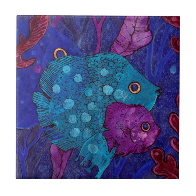 Fischfamilie, Mutter & Baby Blue Lila Unterwasser Fliese (Vorderseite)