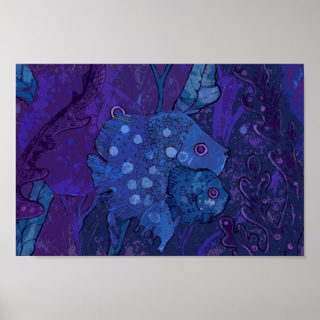 Fischfamilie, Unterwasser-Ozean Art Navy Blue Poster (Vorne)